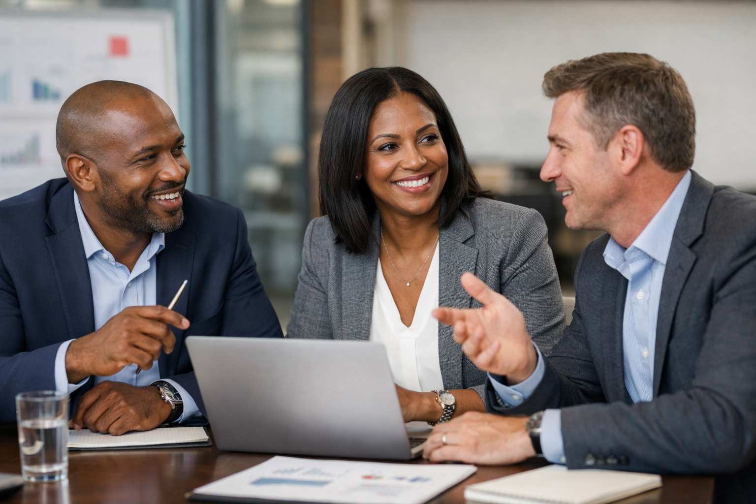 Three business professionals, two men and one woman, engaged in a discussion at a conference table in a modern office. They are smiling and appear to be having a productive meeting.