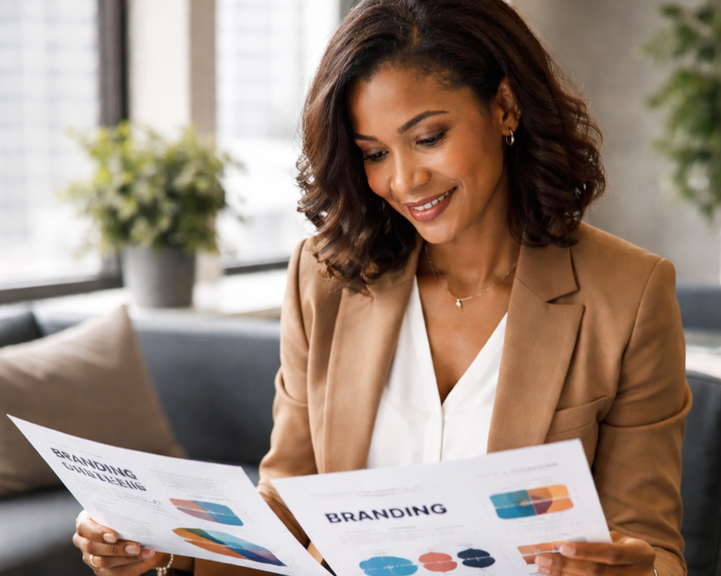 A woman with shoulder-length wavy hair in a brown blazer and white blouse is smiling while reading printed branding and marketing materials in an office with a large window, potted plants, and a couch in the background.