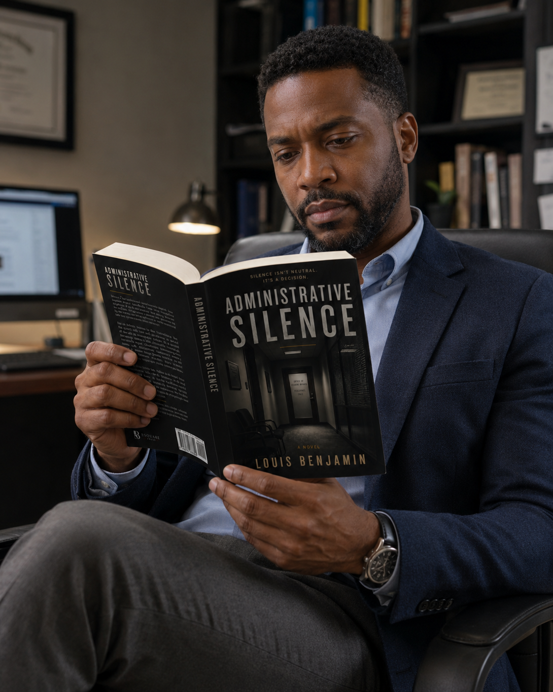 male in office reading administrative silence by louis benjamin.png