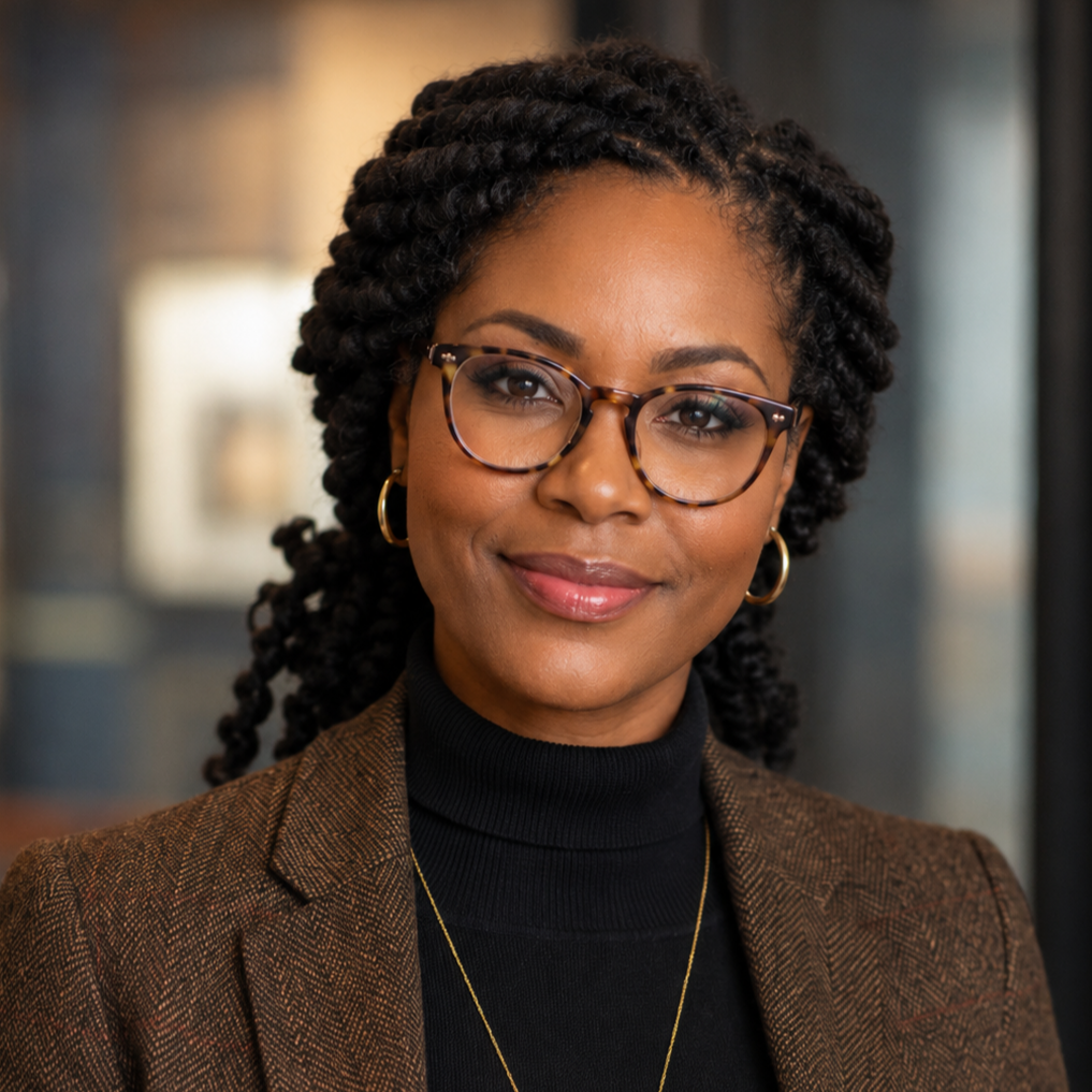 A woman with glasses and hoop earrings, wearing a brown blazer and black turtleneck, smiling in an indoor setting.