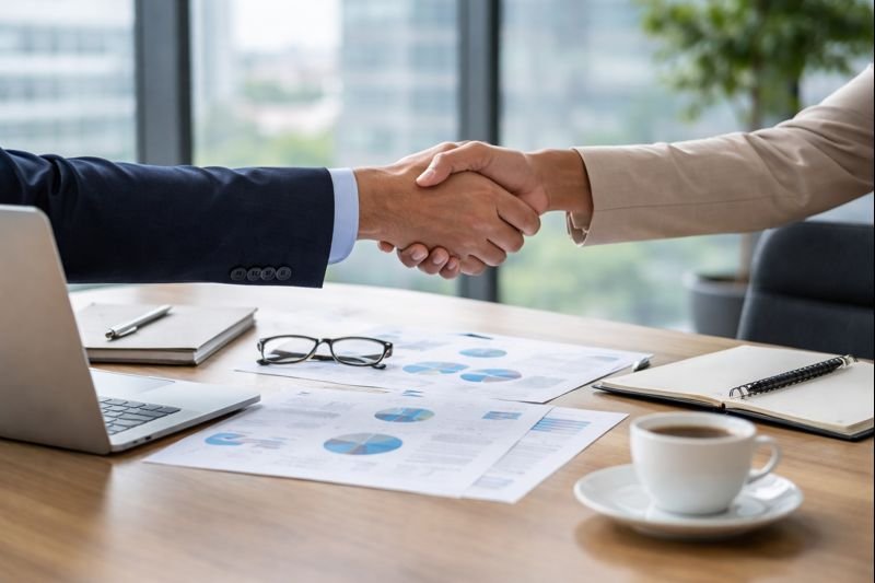 Two people shaking hands over a business meeting table with documents, glasses, a laptop, notebooks, and a cup of coffee.