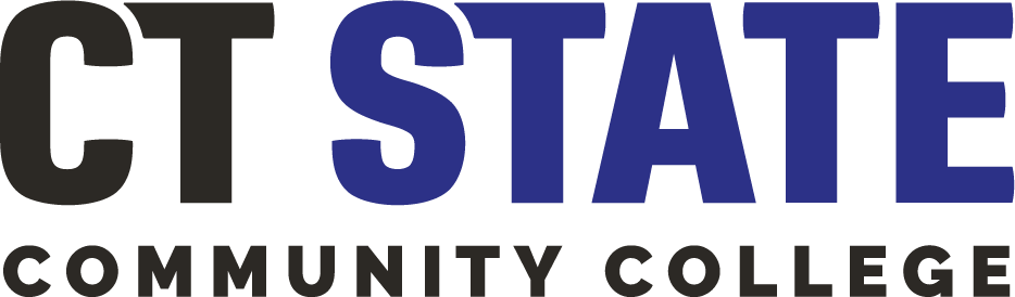 Logo for CT State Community College with the words 'CT State' and 'Community College' in black and blue text.