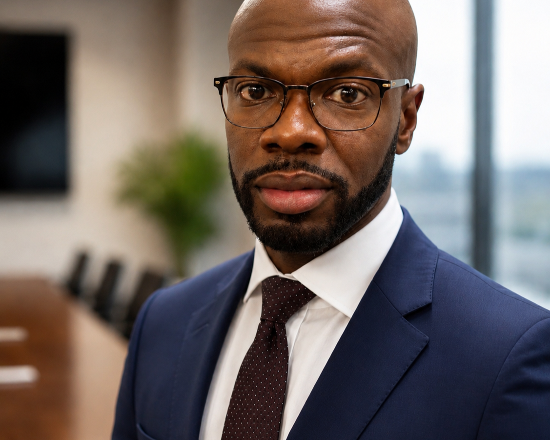 Yannick Brookes in blue suit, white shirt, and blue tie, on a white background.