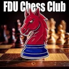 FDU Chess Club logo featuring a red horse on a chess piece, with a blurred chessboard in the background.