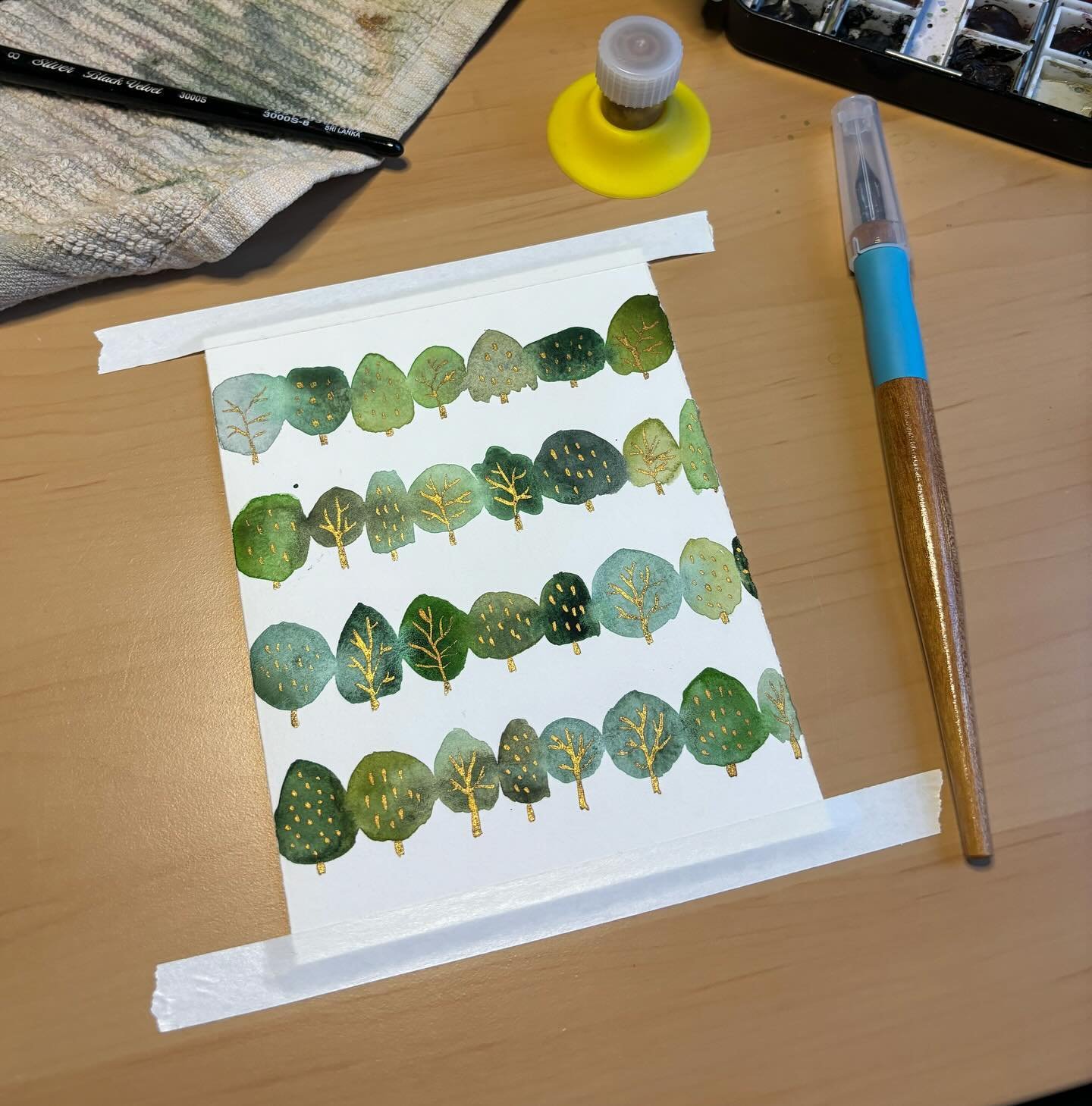 When your husband asks you to make a quick card for his dad&rsquo;s birthday so you get to try a fun tree technique that @sarahdandelioncray posted a few months back and bonus: the only gold ink you have is your dip pen ink so you get to have fun wit