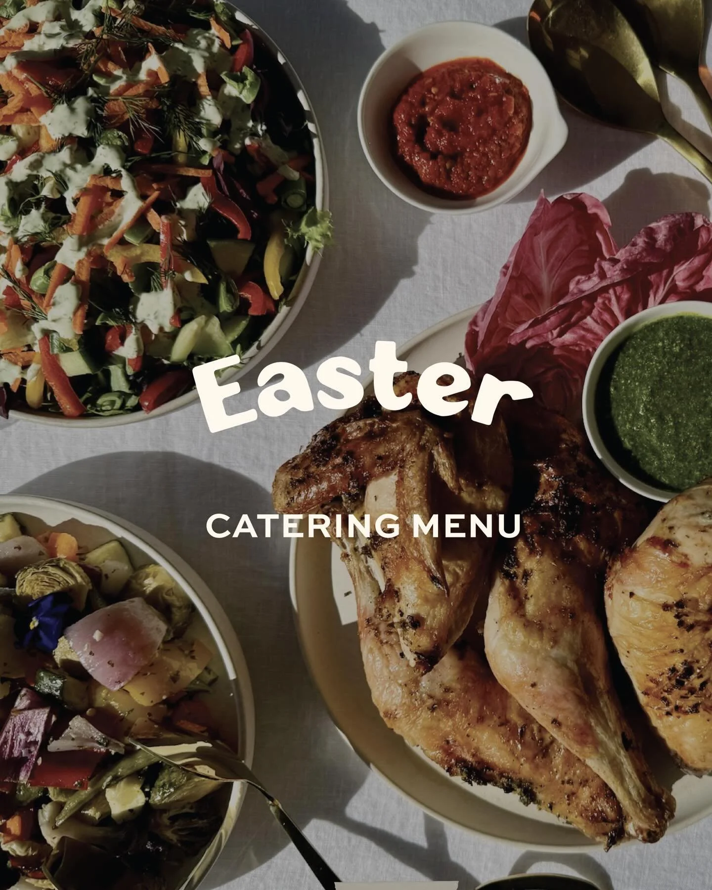 Our Easter catering menu is filled with everything you need for a beautiful gathering! Charcuterie and crudit&eacute;s boards, beef tenderloin, labneh marinated lamb chops, Zuni Caf&eacute; style chicken, and roasted salmon or halibut, plus fresh sal