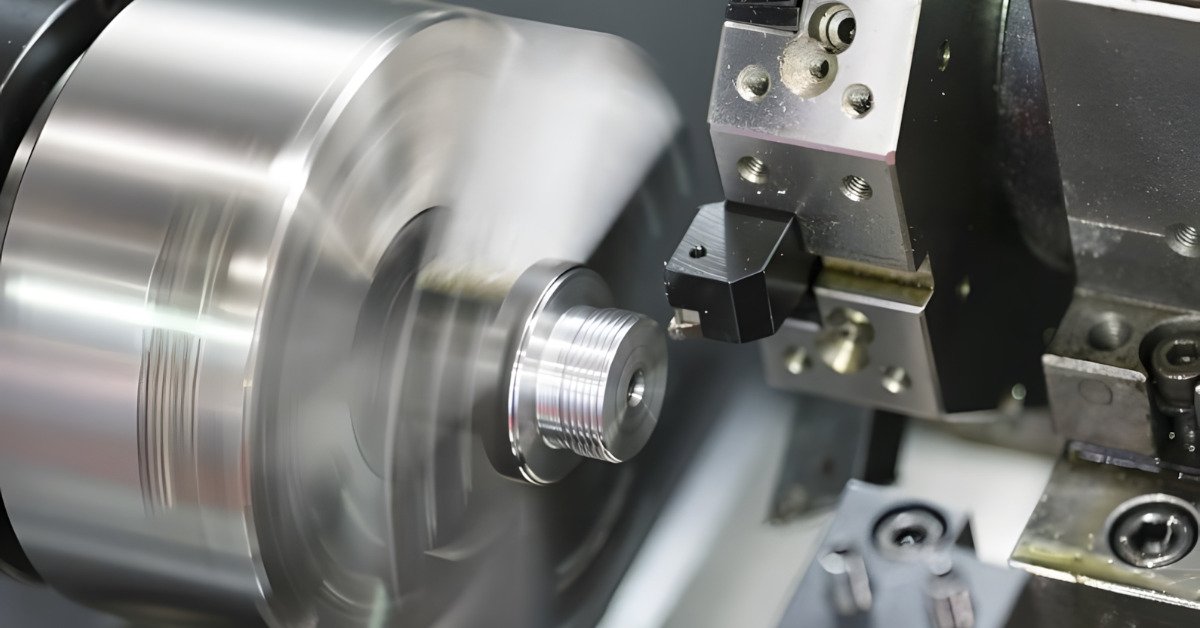 Metal lathe machine in operation, spinning and cutting metal workpiece