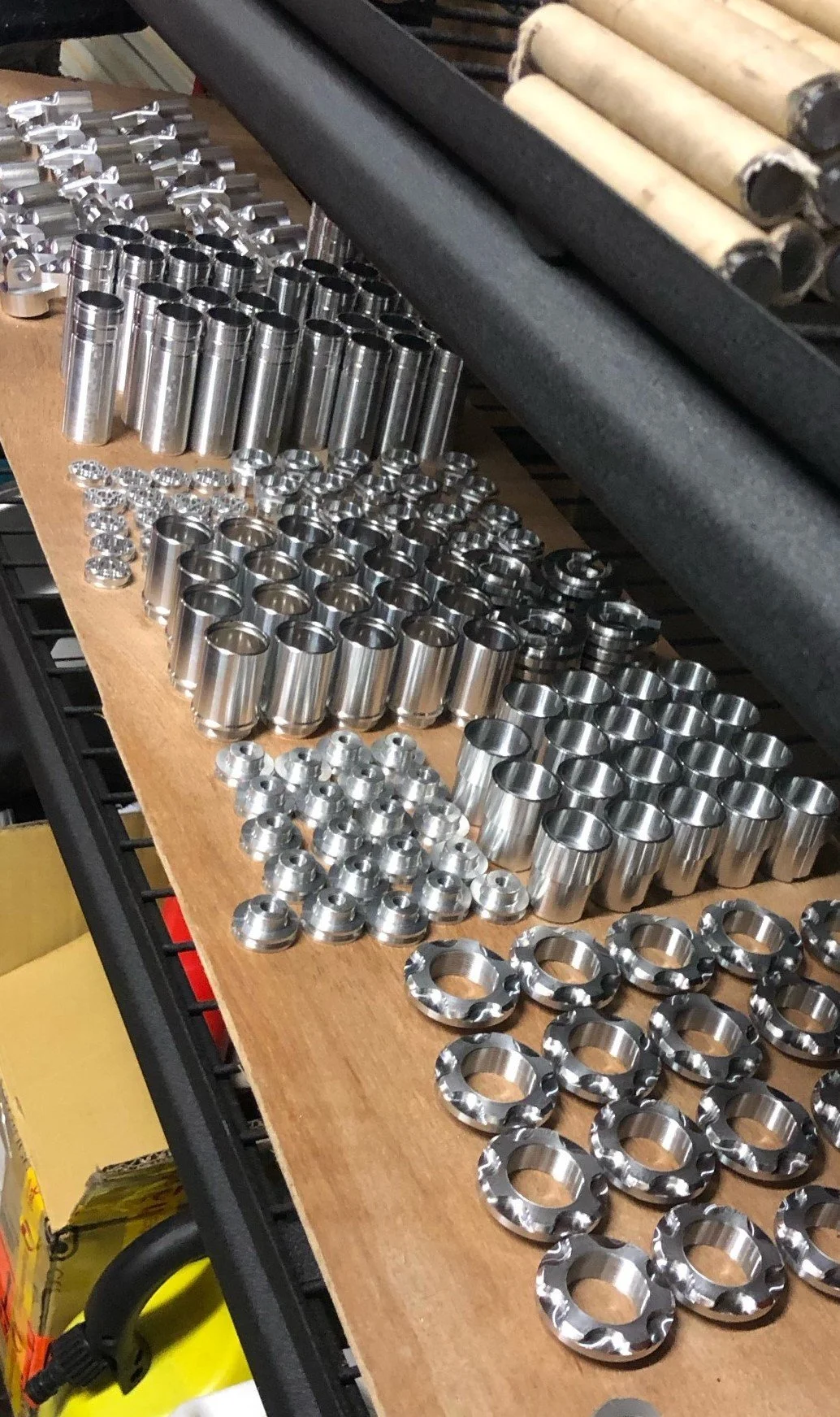 Assorted metal components on a shelf