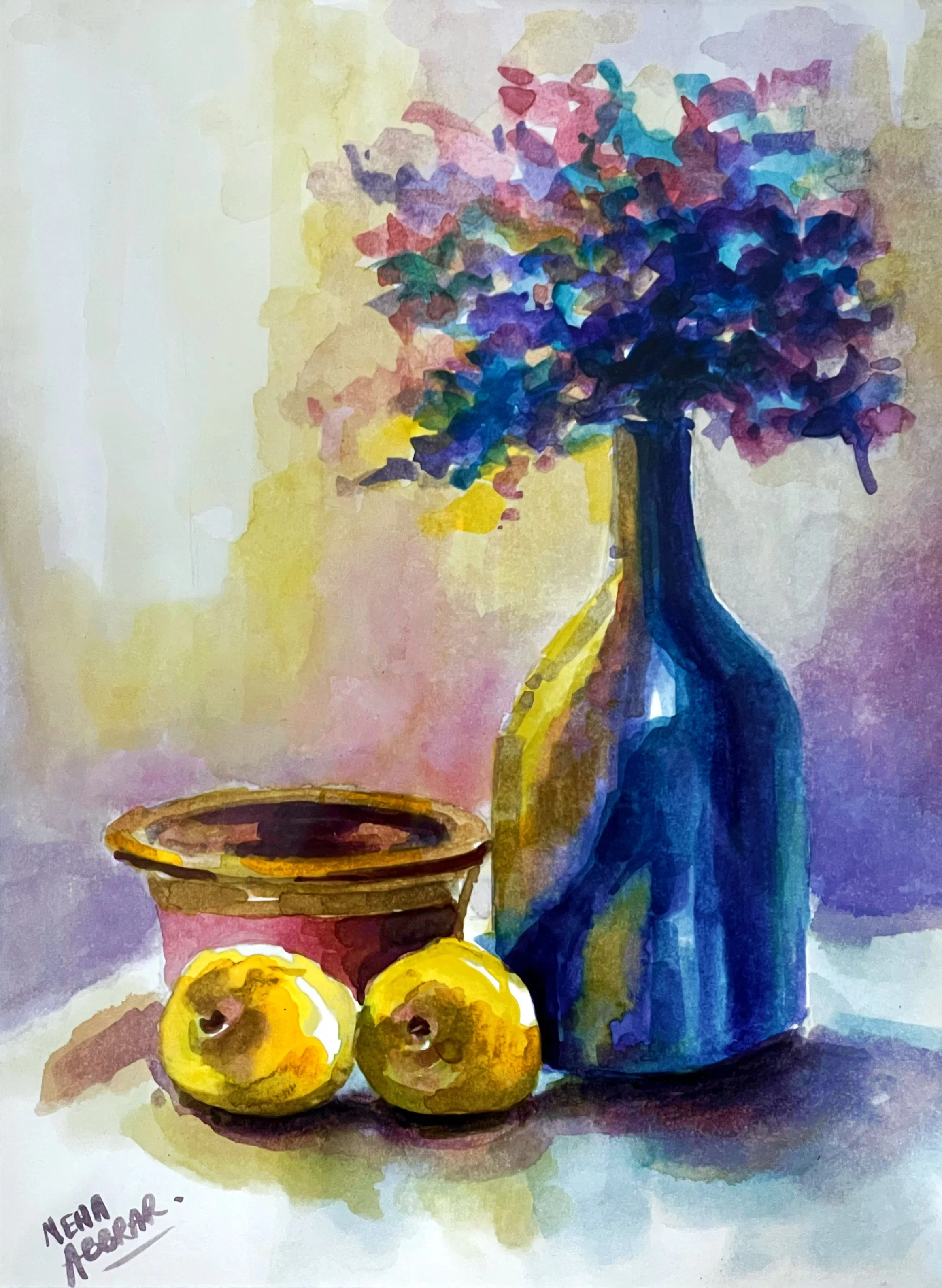 Flowerpot with Lemons, 2022, Watercolor on paper - 12 x 9 in