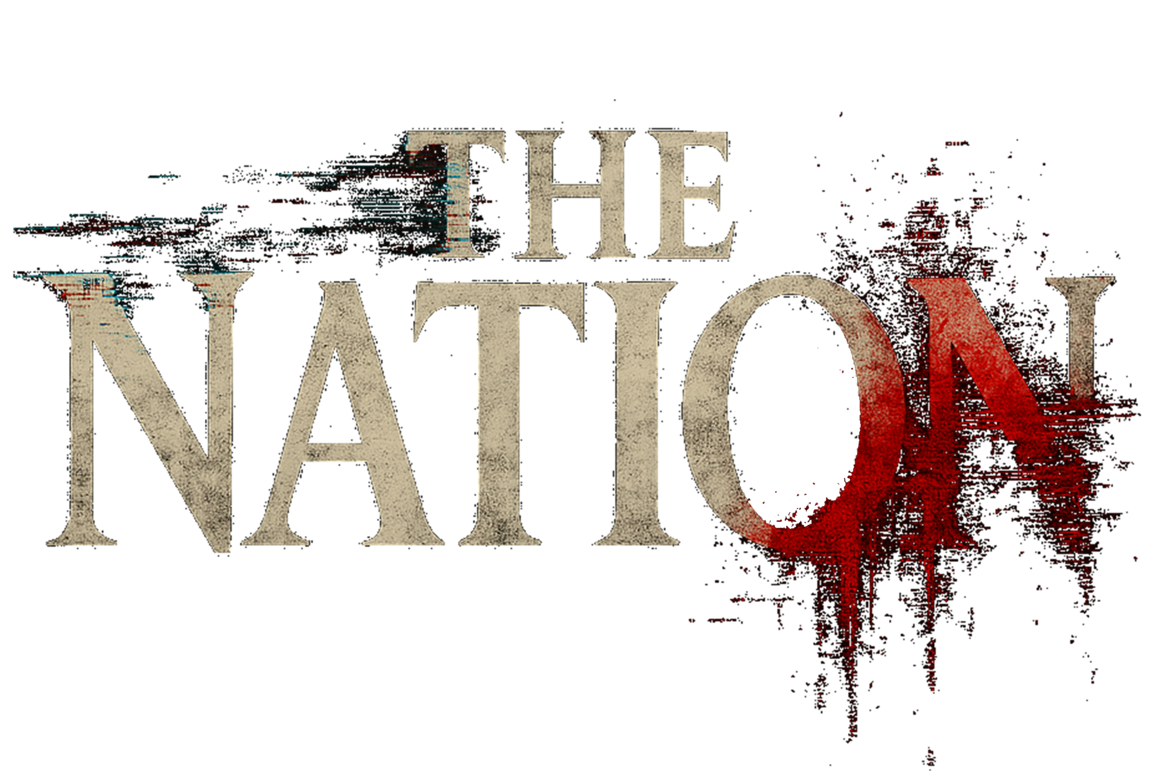 Logo de película "The Nation" con efectos de distorsión y colores oscuros y rojos.