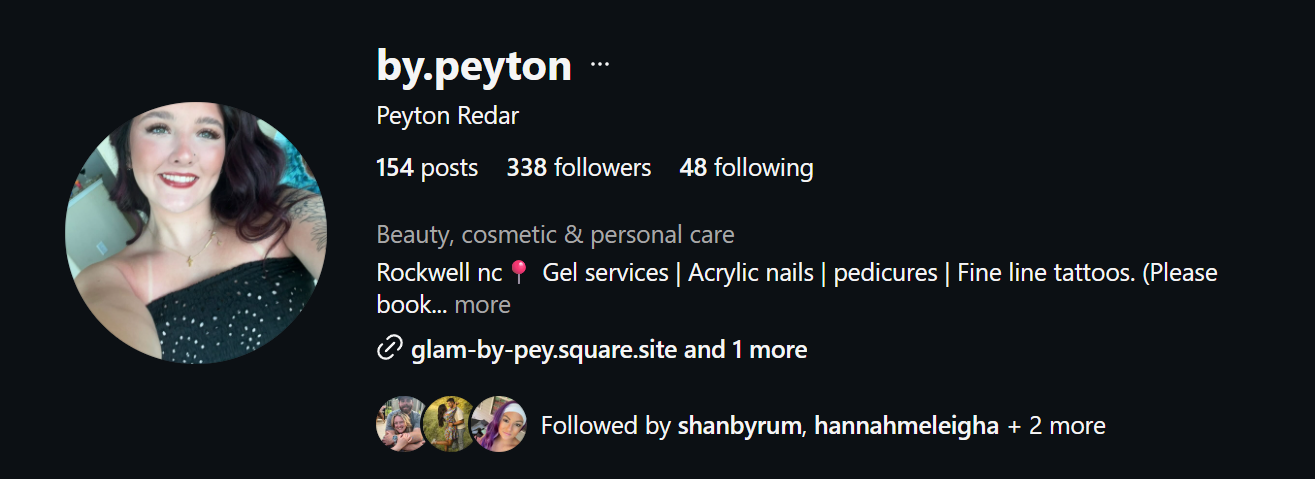Screenshot of a TikTok profile page for by.peyton, a beauty and personal care professional, with a profile picture of a smiling woman with dark hair and a tattoo, wearing a black dress with white dots.