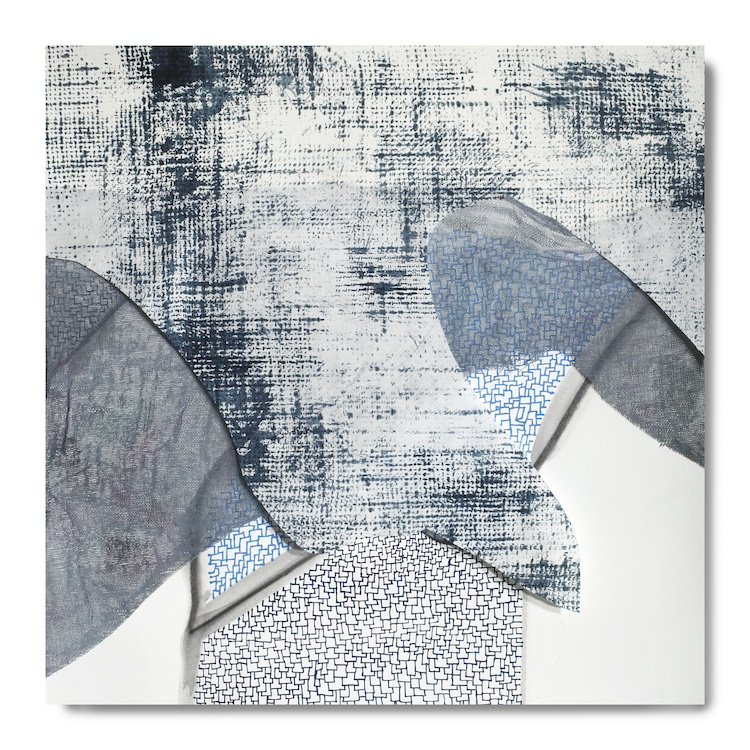 #27: July 20, 2024, mixed media (water soluble graphite, acrylic, oil-based pens, Japanese kozo paper, fabric), 14.5" x 14.5"