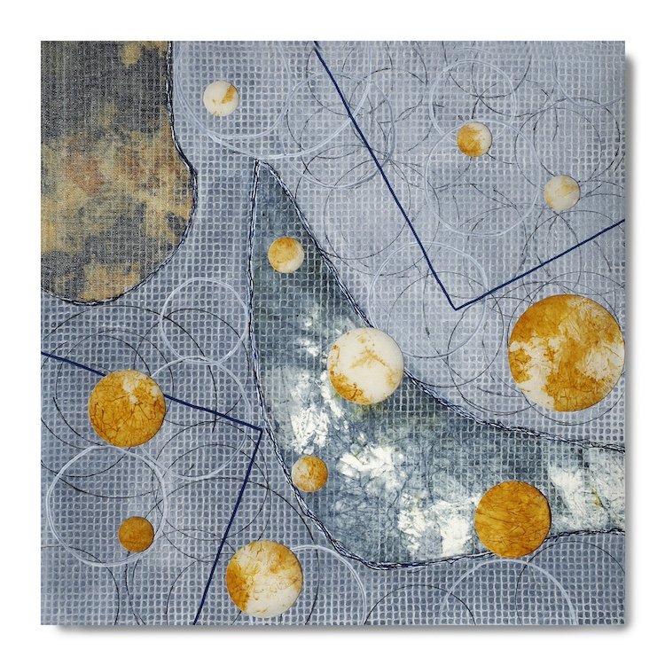 #28: July 27, 2024, mixed media (water soluble graphite, acrylic, oil-based pens, deli paper, fabric, paper), 14.5" x 14.5"