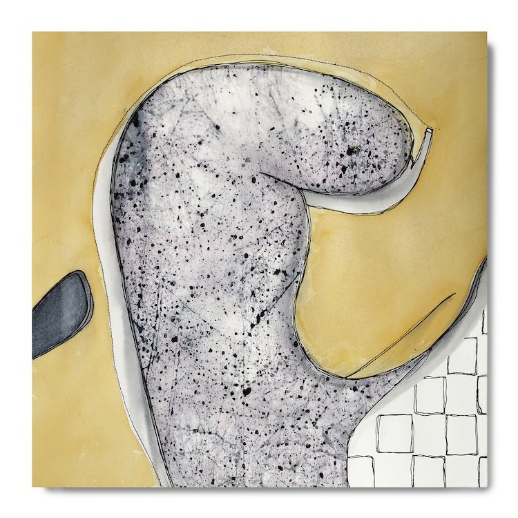 #36: September 28, 2024, mixed media (water soluble graphite, acrylic, oil-based pen, parchment paper, sewing thread), 14.5" x 14.5"
