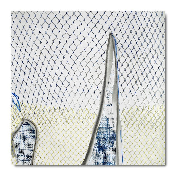 #9: March 2, 2024, mixed media (water soluble graphite, water soluble Pentel pen, acrylic on Japanese kozo paper, produce net bag), 14.5" x 14.5"
