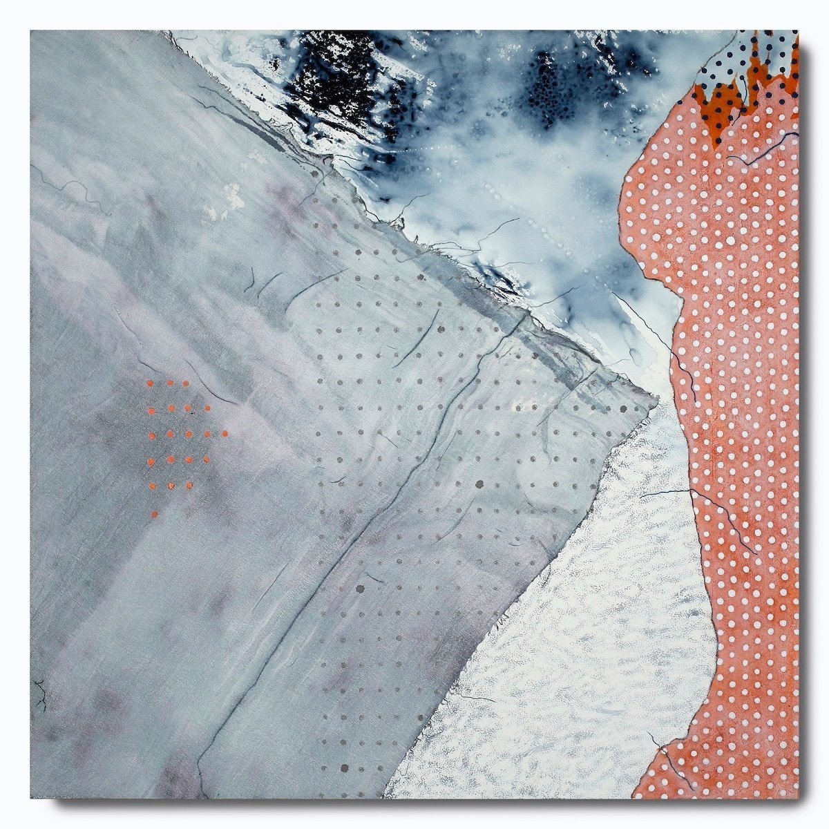 Noise, 2021, mixed media (acrylic, oil-based pens, paper, fabric, watercolor pencils), 30" x 30" on 2" cradle board, (sold)