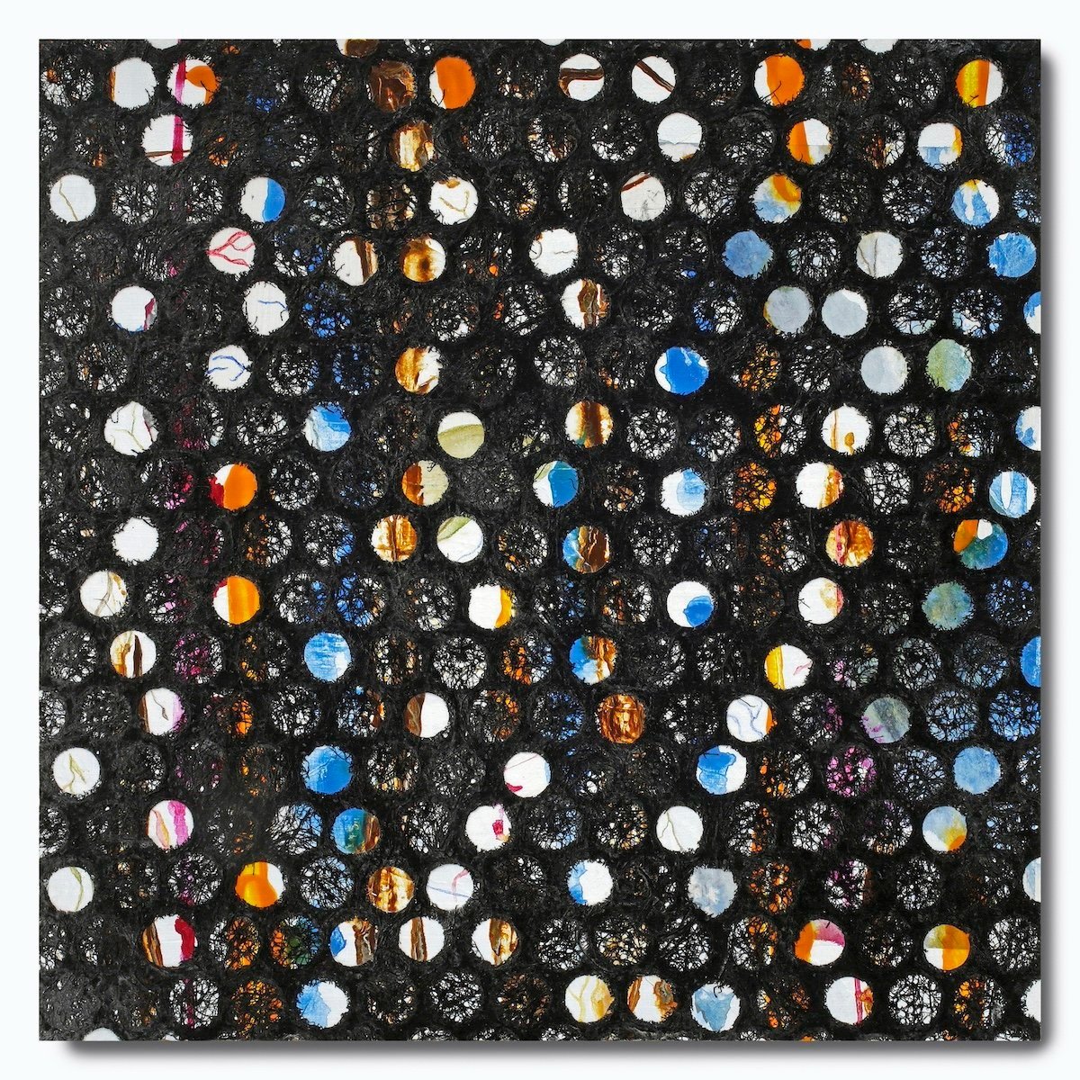 Bounced Around, 2022, mixed media (acrylic, spray paint, paper, watercolor pencils), 16" x 16" on 2" cradle board