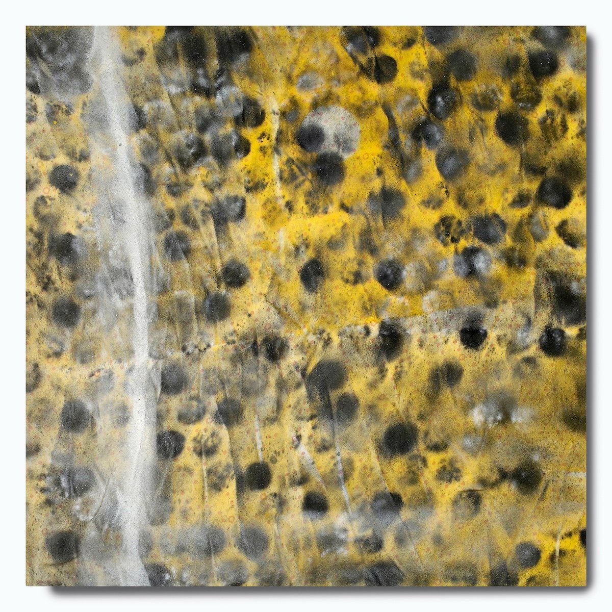 Palimpsest, 2022, mixed media (acrylic, bedsheet, spray paint), 16" x 16" on 2" cradle board