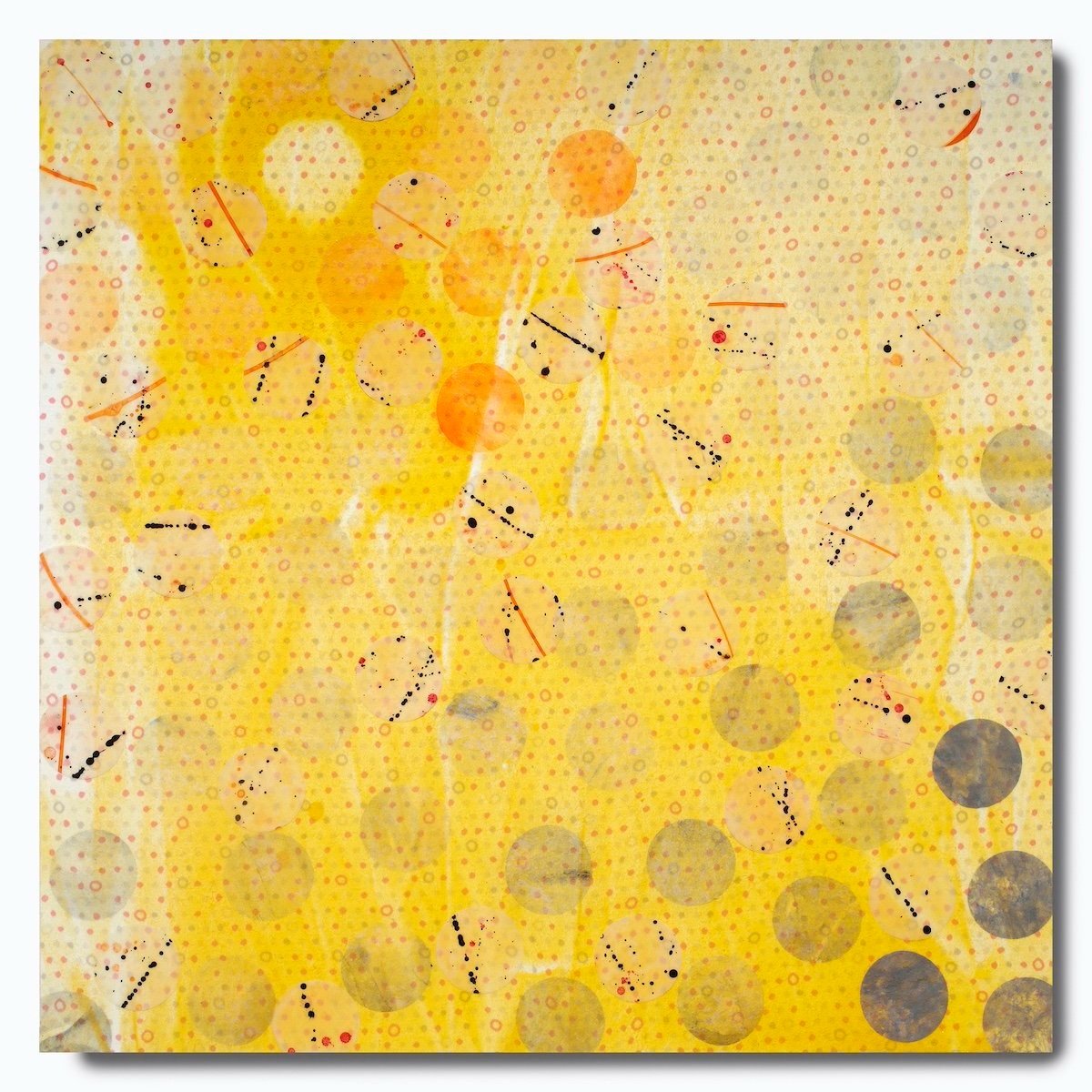 Destruction/Creation, 2022, mixed media (acrylic, watercolor, ink, mylar, paper, bedsheet, spray paint), 16" x 16" on 2" cradle board