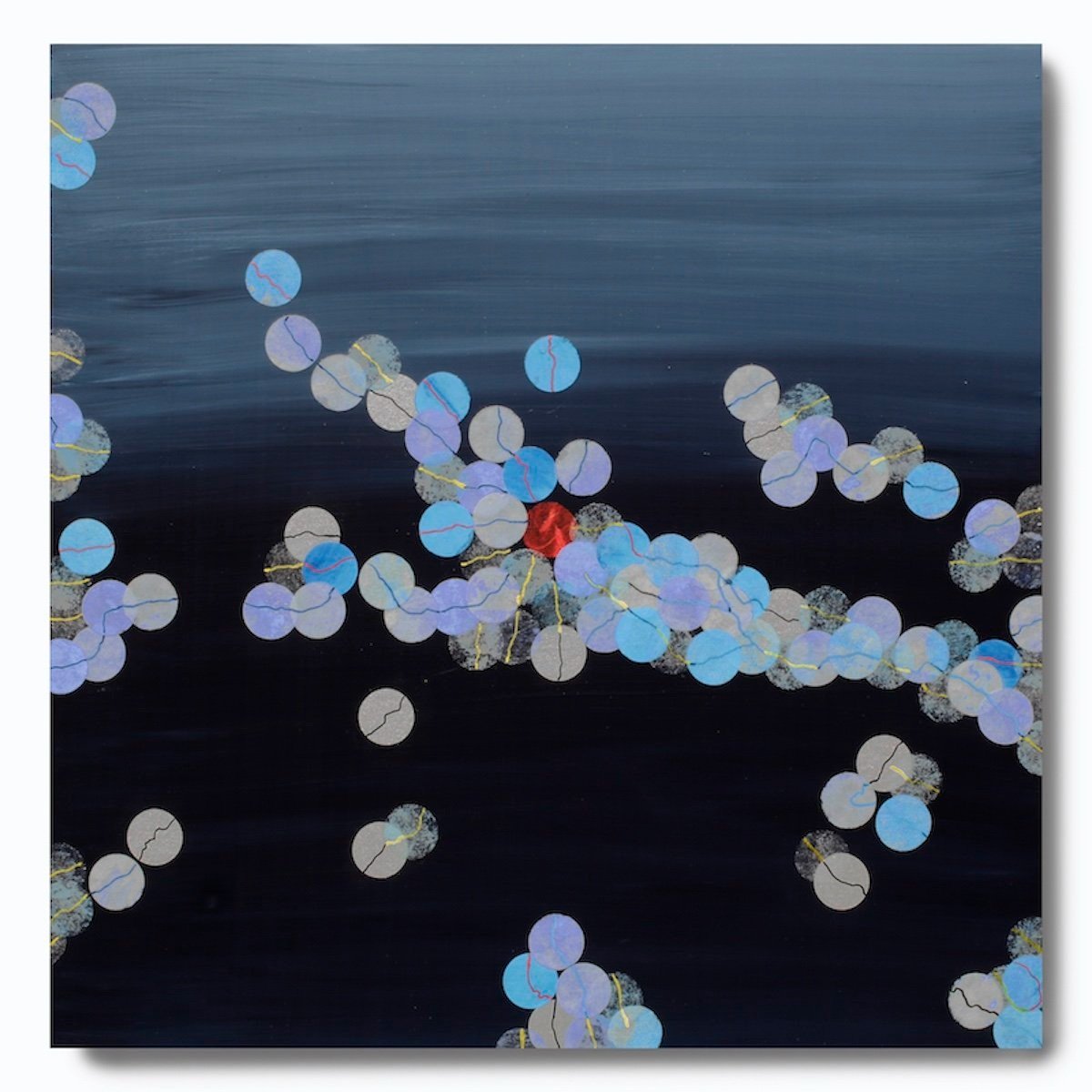 Navigating, 2023, mixed media (acrylic, oil-based pens, many papers), 16" x 16" on 2" cradle board