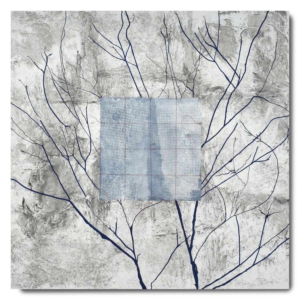 upRooted, 2022, mixed media (acrylic, oil-based pens, sewing thread, Japanese kozo paper), 30" x 30" on 2" cradle board