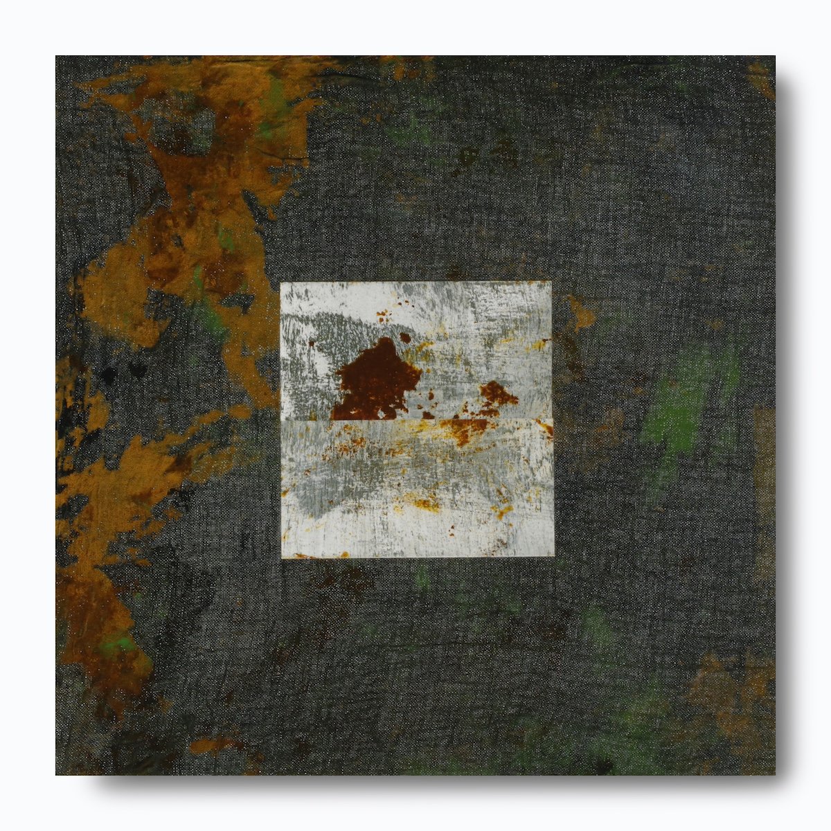 Broken Borders, 2023, mixed media (oil, acrylic, fabric), 16" x 16" on 2" cradle board