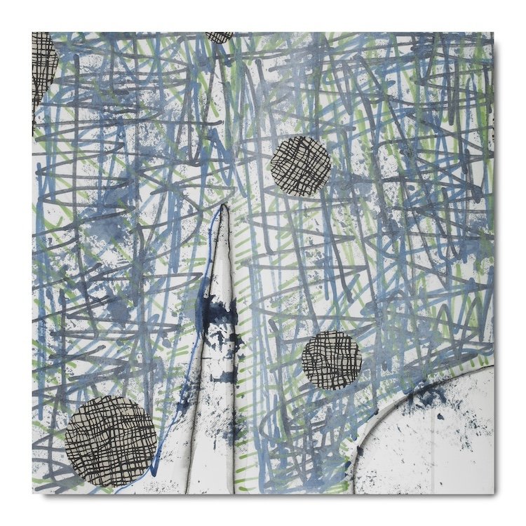 #1: January 6, 2024, mixed media (water soluble graphite, water soluble Pentel pen, acrylic, oil-based pens, Japanese paper), 14.5" x 14.5"