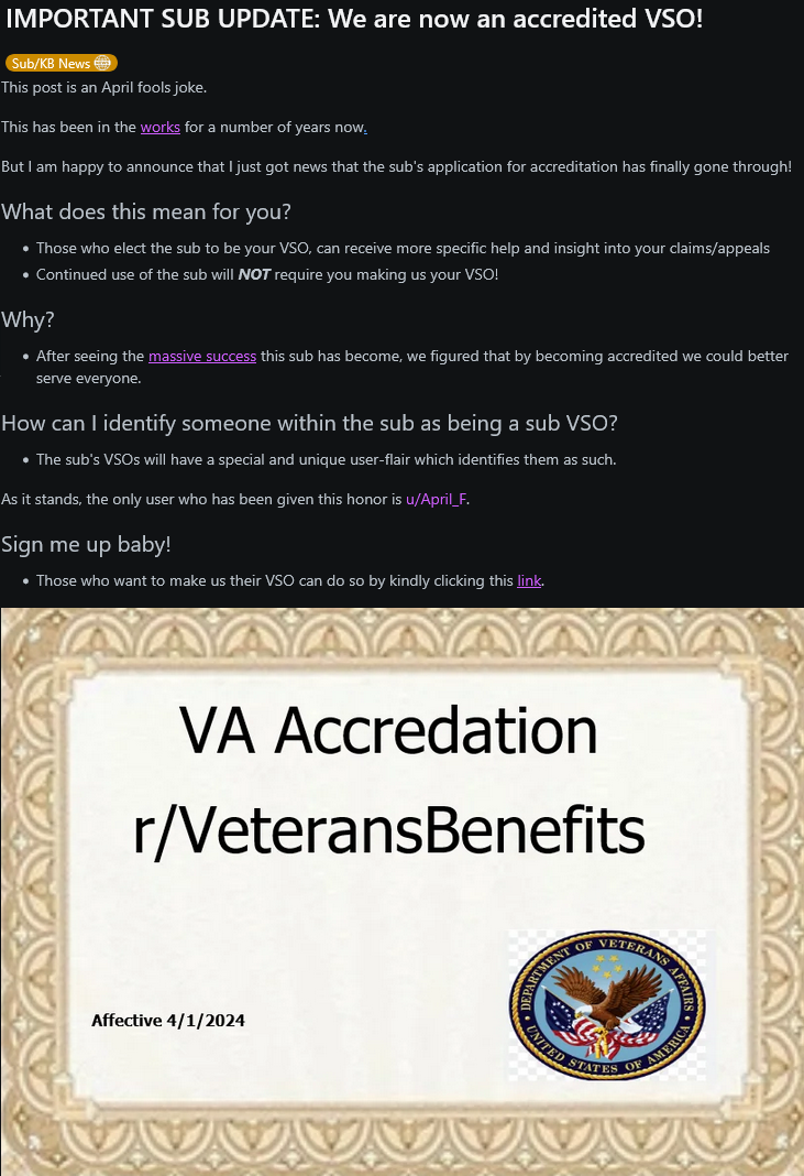 2024 r/VeteransBenefits April fools prank