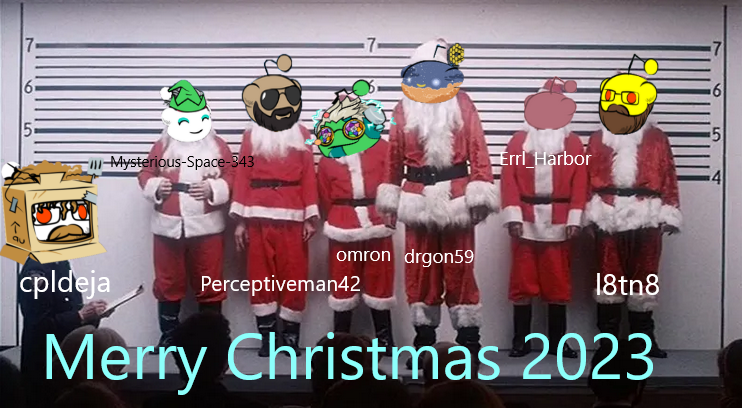 Six people dressed in Santa Claus costumes standing against a height measurement wall, with digital cartoon faces added in place of their own faces. Text overlay says 'Merry Christmas 2023'.