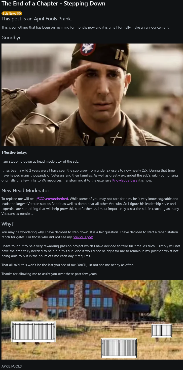 2022 r/VeteransBenefits April fools prank