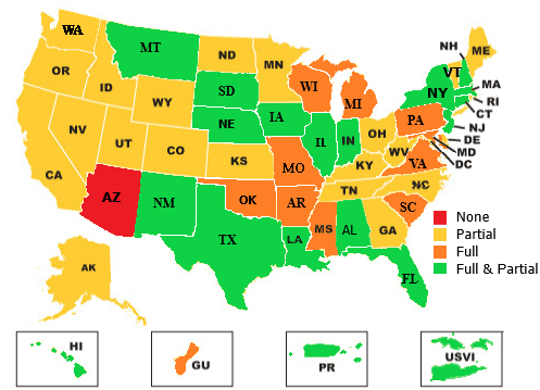 Map showing which states have property tax exemptions for Veterans