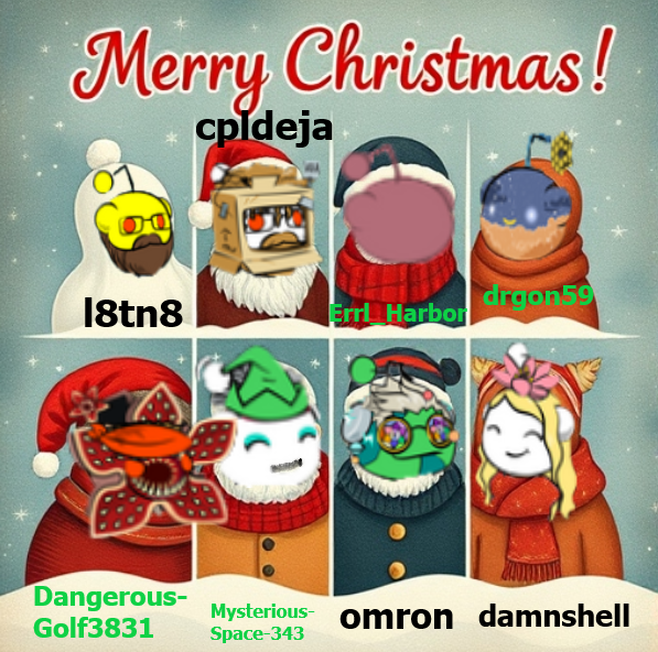 Christmas themed graphic with cartoon characters wearing winter clothes, each with a username label, and a red "Merry Christmas!" message at the top.
