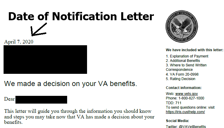 Date of VA Rating Decision Notification Letter