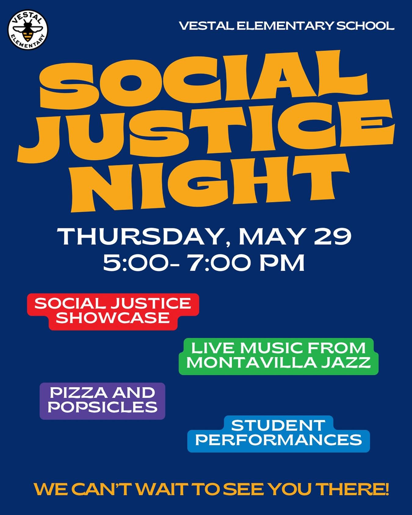 Social Justice Night is tomorrow , May 29, from 5-7 PM! We just can&rsquo;t wait to celebrate the &lsquo;24-&lsquo;25 school year with our Vestal community!

There will be:
-A showcase of each grade&rsquo;s social justice project!
-Live music thanks 