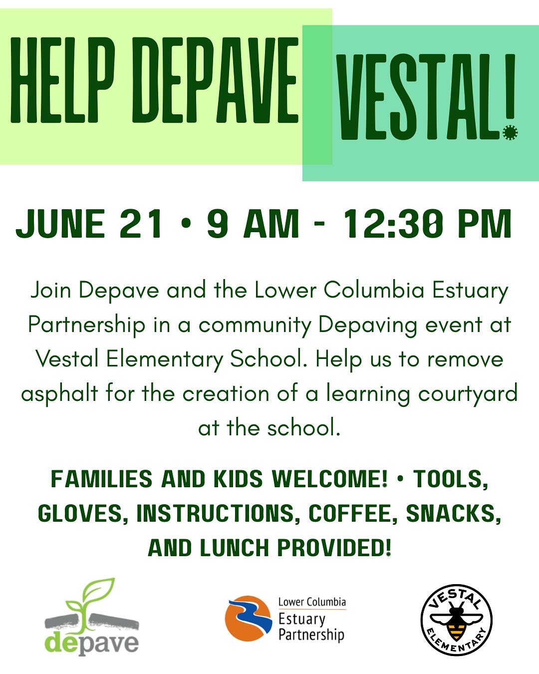 Join us Friday, June 21 from 9am&ndash;12:30pm for a community Depaving Day!

Made possible by @depavepdx and the Lower Columbia Estuary Partnership, and supported by the PTA, this project replaces asphalt with trees, native gardens, seating areas, a
