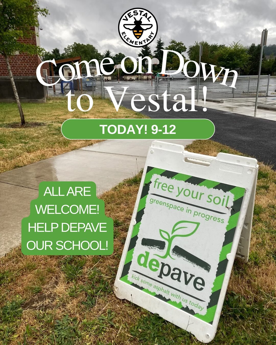 Come out to support Vestal RIGHT NOW! 

This morning from 9-12 we are working with @depavepdx and @estuarypartnership to depave part of our schoolyard to make way for a beautiful outdoor classroom. 

All are welcome - come and join this amazing proje