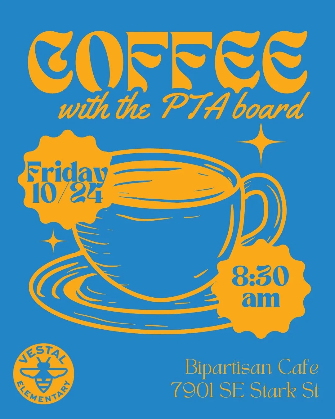 ✨ PTA Coffee Meetup ✨
Join us this Friday after drop-off at Bipartisan Caf&eacute; (8:30am) for a casual morning get-together with the Vestal PTA Board.

Come say hi, share ideas, ask questions, or just enjoy a cup of coffee with other Vestal parents