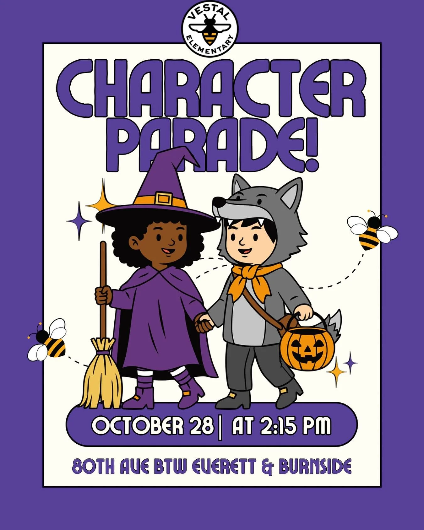 The Vestal Character Parade is tomorrow, Wednesday, October 29, from 2:15-2:30 PM! Join us on 80th Avenue between Everett and Burnside to see students in their costumes, and then pick up in the regular spot after the parade. See you there!

El Desfil