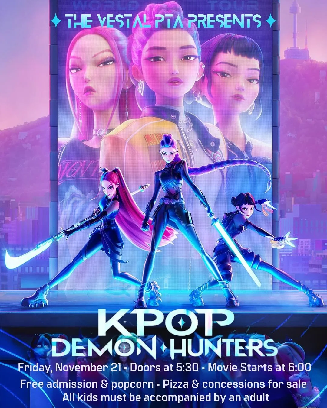 💜🎬 We&rsquo;re done hidin&rsquo;, now we&rsquo;re shinin,&rsquo; it is Movie Night! 🎬💜

Get ready, Hunters, we&rsquo;re bringing the takedown to the Vestal auditorium!
On Friday, 11/21, doors open 5:30, movie starts 6:00 sharp.

We&rsquo;ll be wa