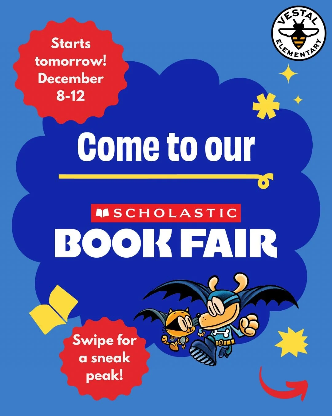 We can&rsquo;t wait for the book fair!! Starting tomorrow and running all week, Monday-Friday 2:30-5:30 in the Vestal library. 

Swipe for a sneak peak, as well as information on payment and volunteering! We&rsquo;ll see you there!