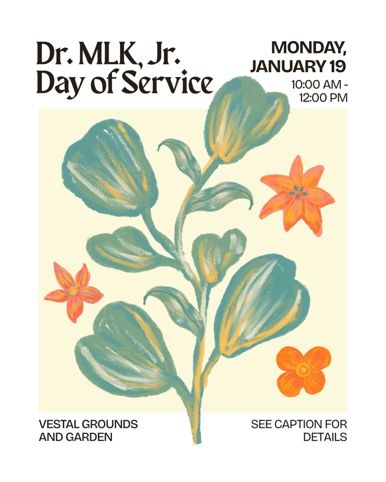 MLK Day of Service 🌱
In these uncertain times, coming together in mutual support matters more than ever. Join us for a day on, not a day off as we honor Dr. Martin Luther King Jr. through service&mdash;working together to make the Vestal Student Gar