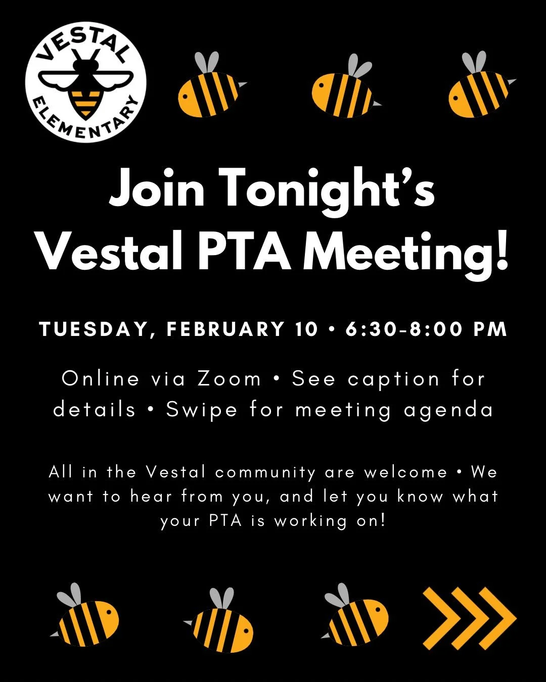 Join us tonight on Zoom! We want to hear from you and let you know what your Vestal PTA has been up to!

Zoom link: https://rb.gy/fi07oe
Or dial in: +1 346 248 7799
Passcode: 898024