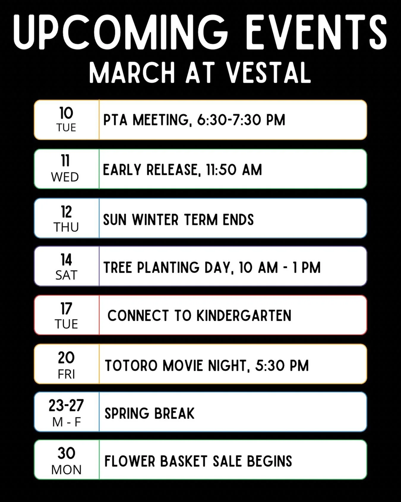 It&rsquo;s March, and spring is in the air! Check out what&rsquo;s going on at Vestal this month, and watch this space for more details!