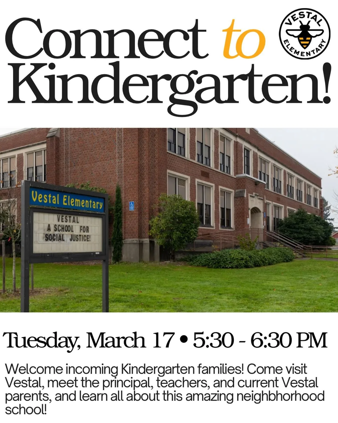 Do you have a child starting kindergarten this fall? Or know a neighbor who does?

Vestal Elementary is hosting a Connect to Kindergarten event for incoming families! Come meet the principal, teachers, and current Vestal parents, explore the school, 