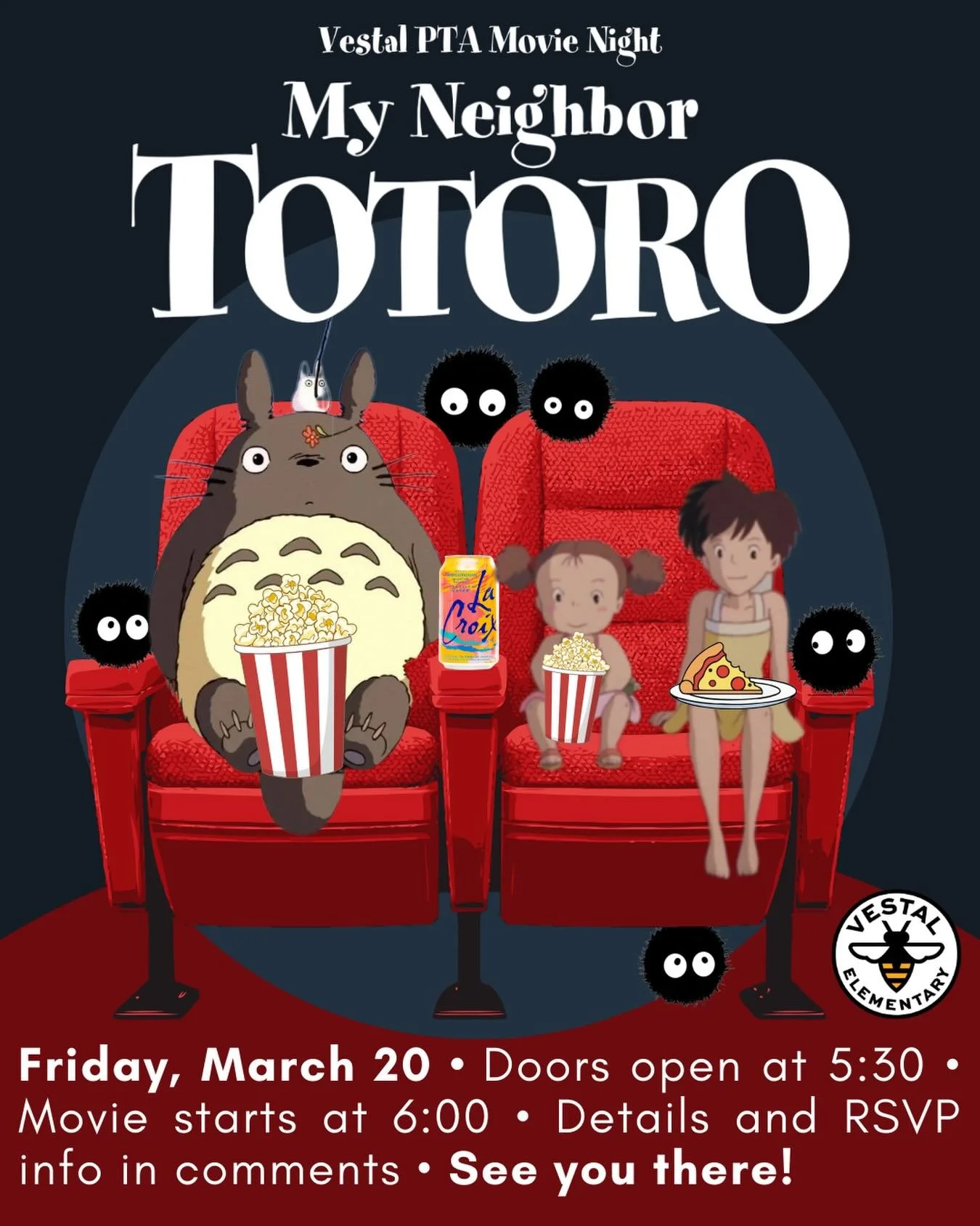 Join us this Friday, March 20, for this wonderful movie, My Neighbor Totoro, sure to inspire some spring break adventures for your family!

Please see stories or our &ldquo;Movie Night&rdquo; highlight to RSVP so we can be sure to have enough pizza!
