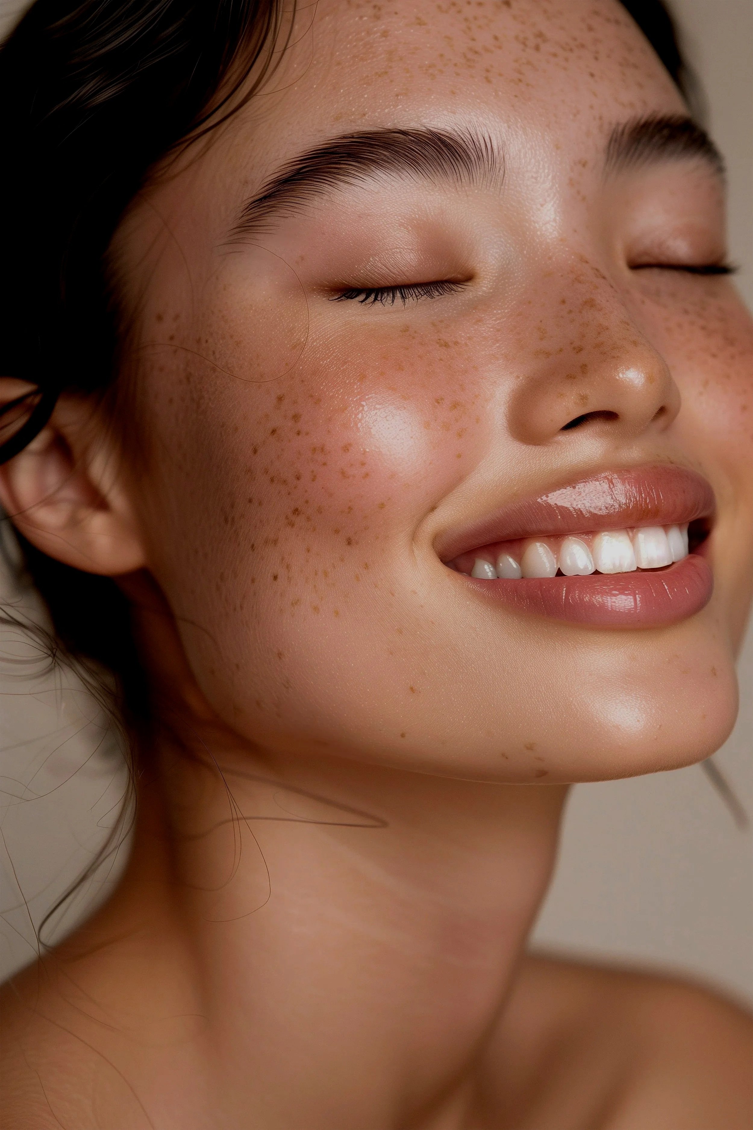 Close-up of a smiling woman with closed eyes, clear skin, and freckles, showing her teeth and pink lips.