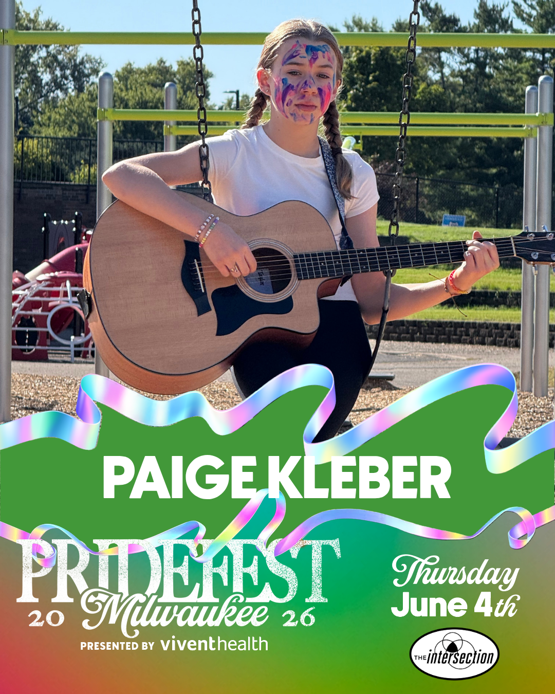 Paige promotional banner for PrideFest Milwaukee 2026 presented by Vivent health on the Intersection Stage on June 4, 2026 from 6-6:30