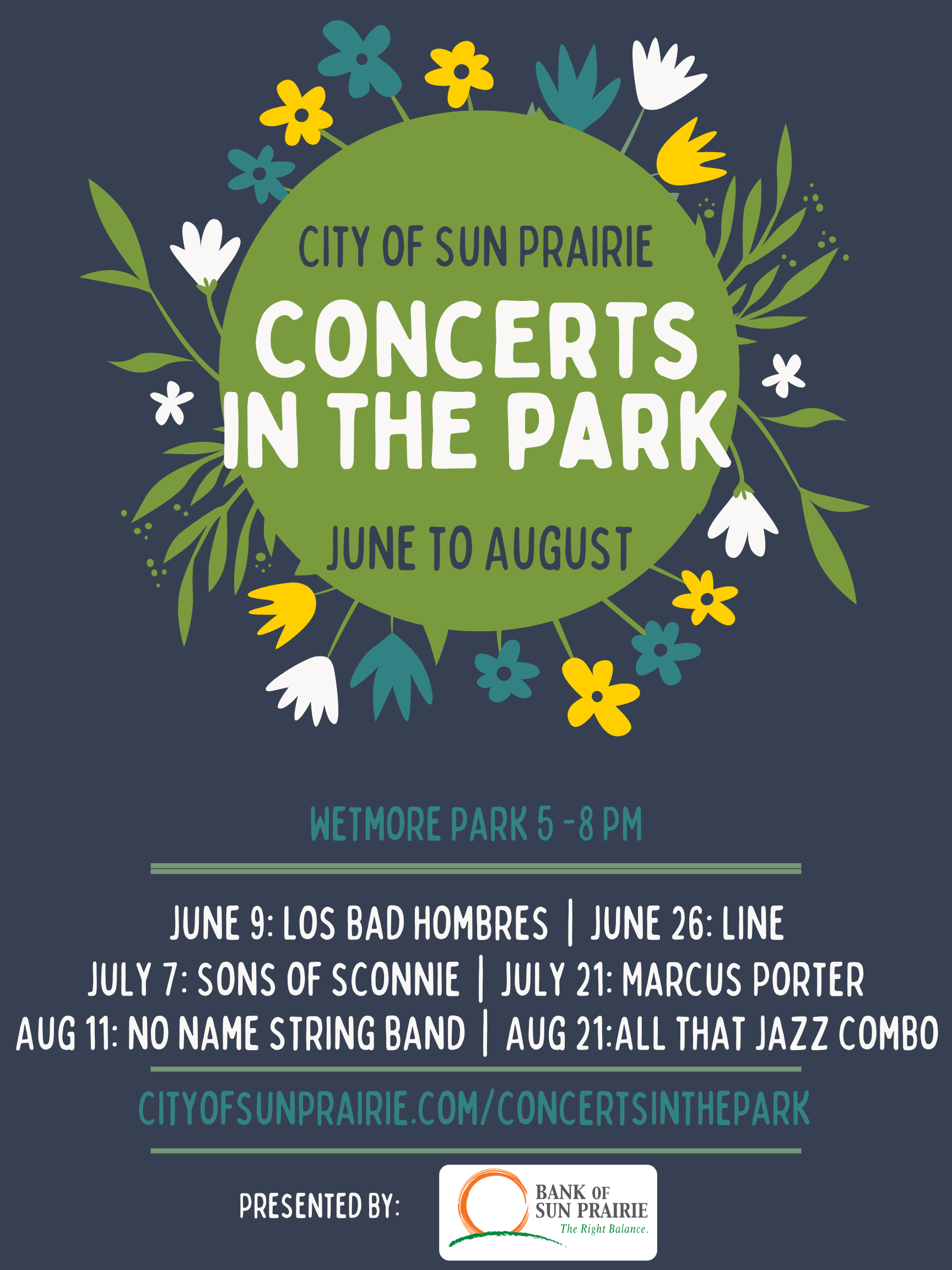 City of Sun Prairie Concerts in the Park logo highlighting artists from June to August