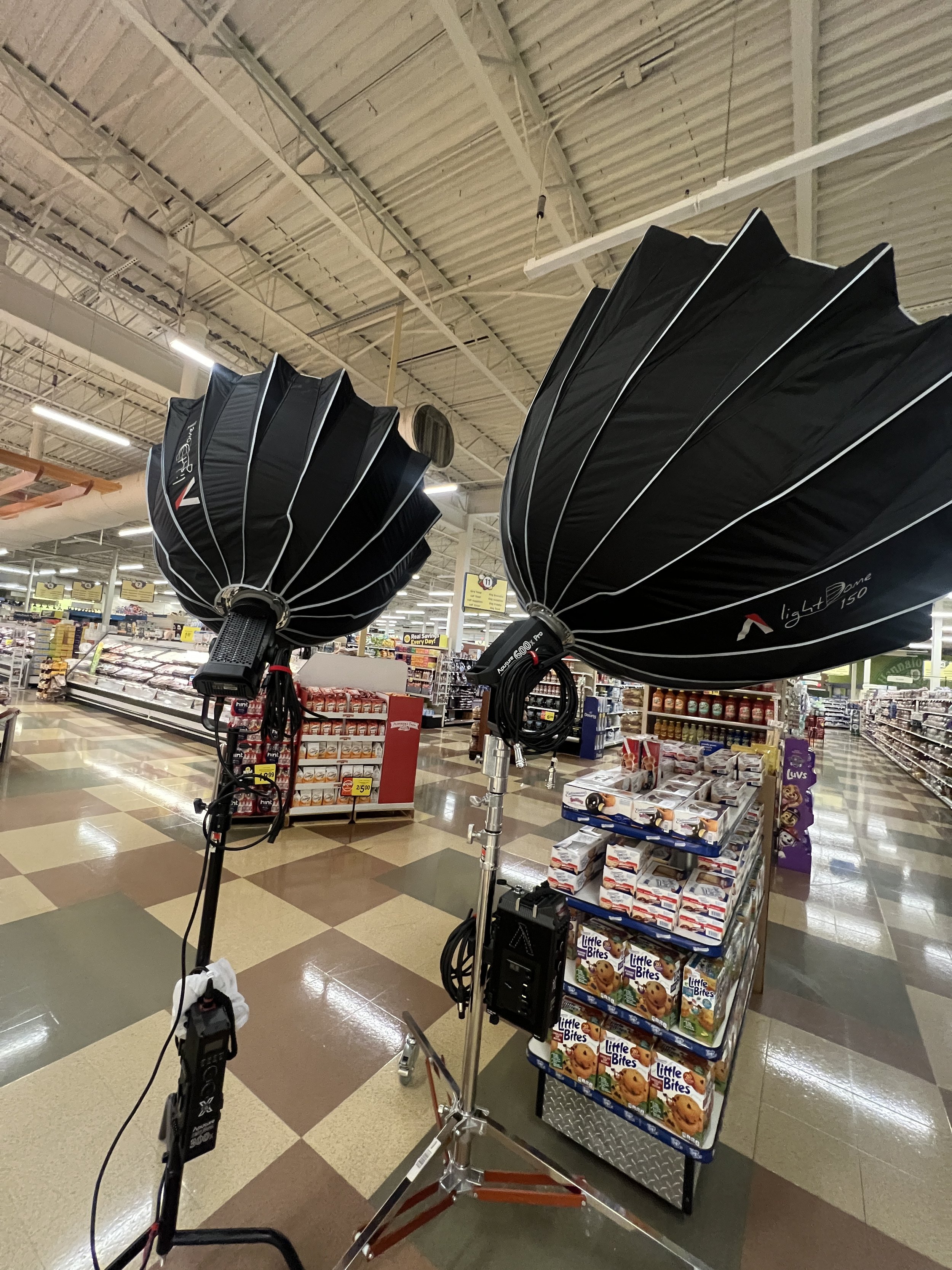 A picture of two aputure lights and light domes. The two lights are the aputure 300x and 600x with aputure light domes set up upon a c-stand and combo stand. 