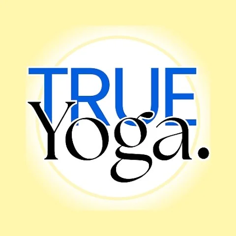 Logo with the words "TRUE YOGA" in bold, with "TRUE" in blue and "YOGA" in black.